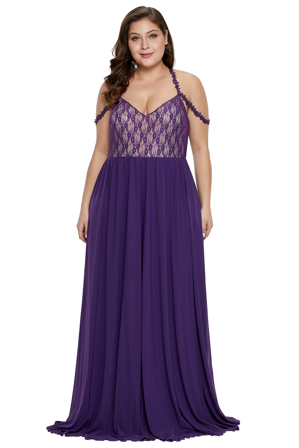 BY611063-8 Purple Lace Bodice Hollow-out Plus Size Maxi Dress